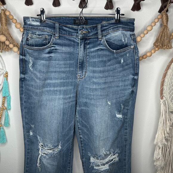 Judy Blue Wide Leg Distressed Raw Hem Jeans - Picture 1 of 5